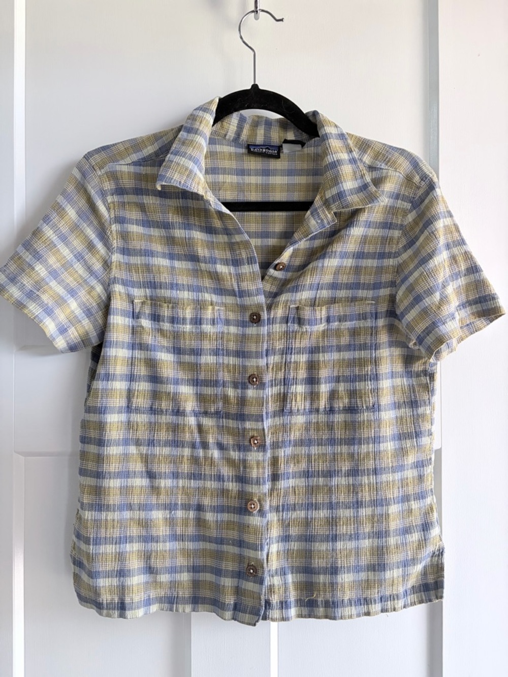 Patagonia Short-Sleeve Plaid Button-Down Shirt in Blue & Yellow